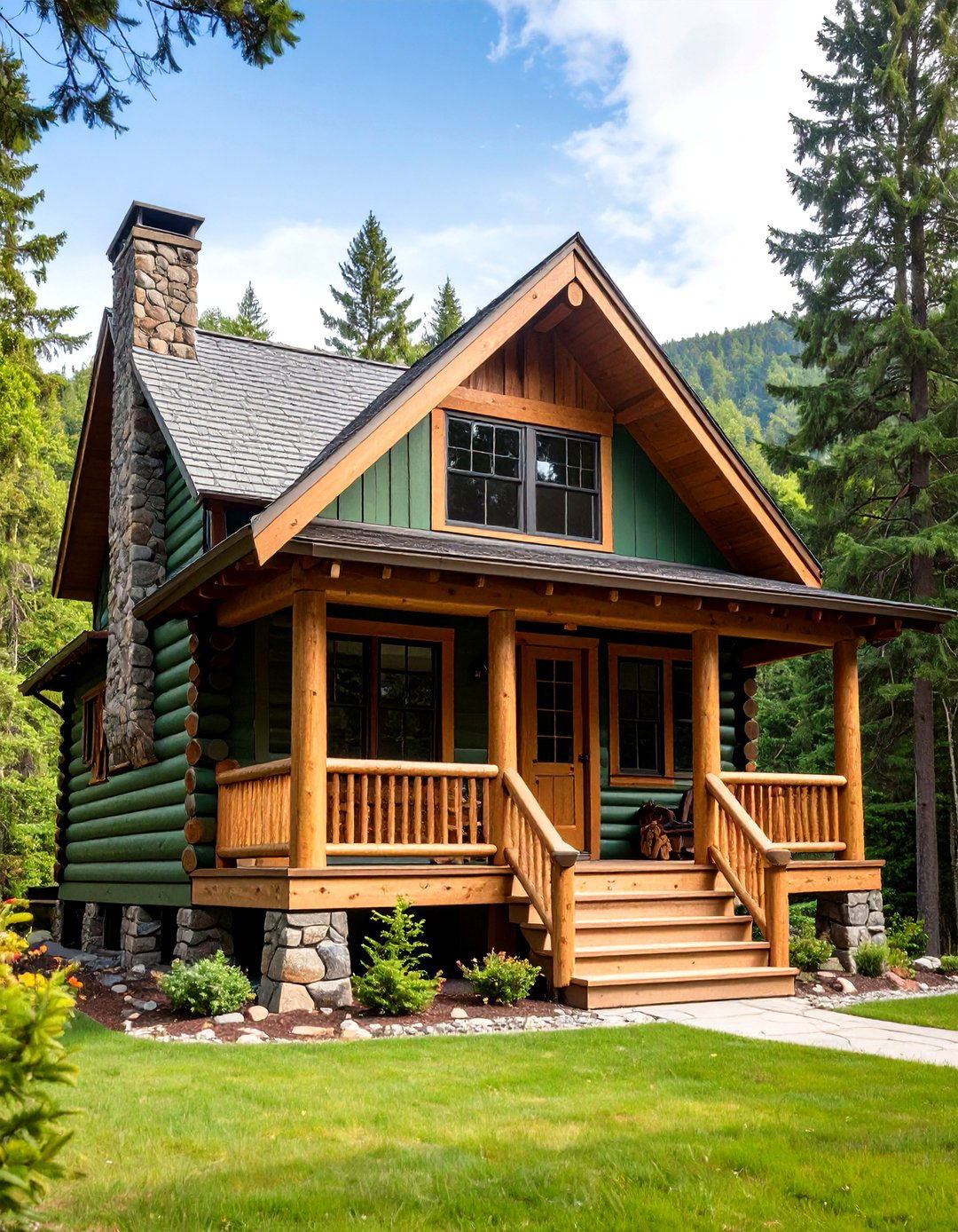 Pine Green Log Cabin Style - 24 Green Exterior House Paint Ideas