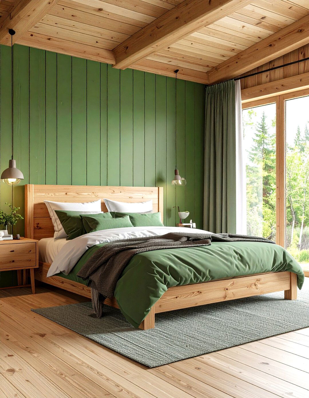 Pine Green Rustic Cabin Bedroom - 24 Green Panelling Bedroom Ideas