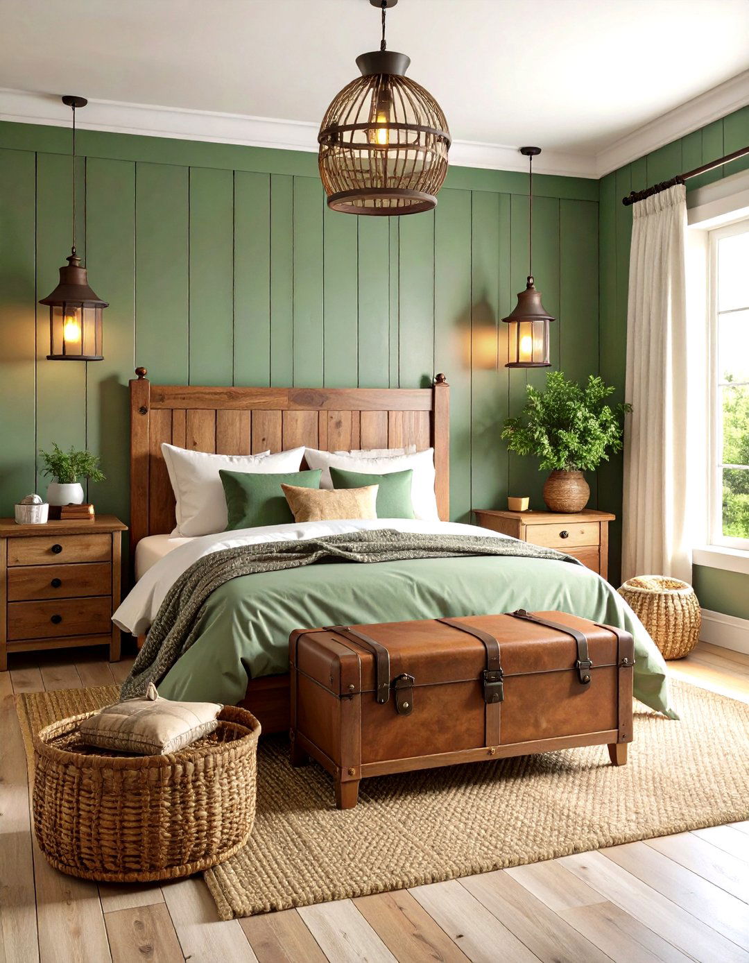 Pine Green Shiplap with Rustic Brown Accessories - 24 Green and Brown Bedroom Ideas