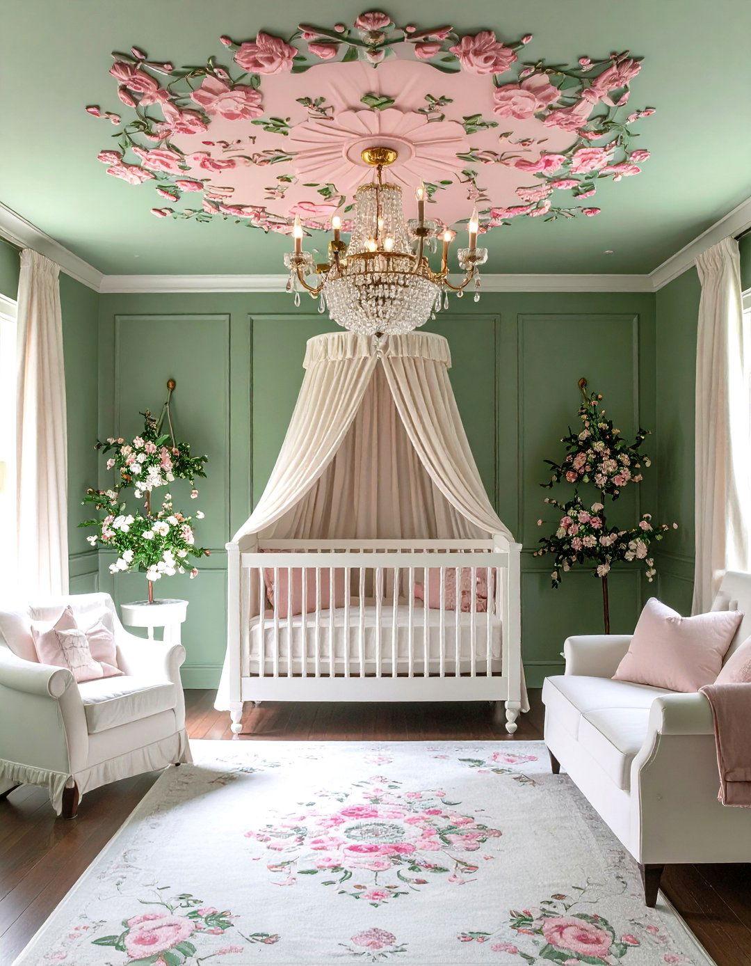 Pink Floral Ceiling Medallion with Green Walls - 24 Pink and Green Nursery Ideas