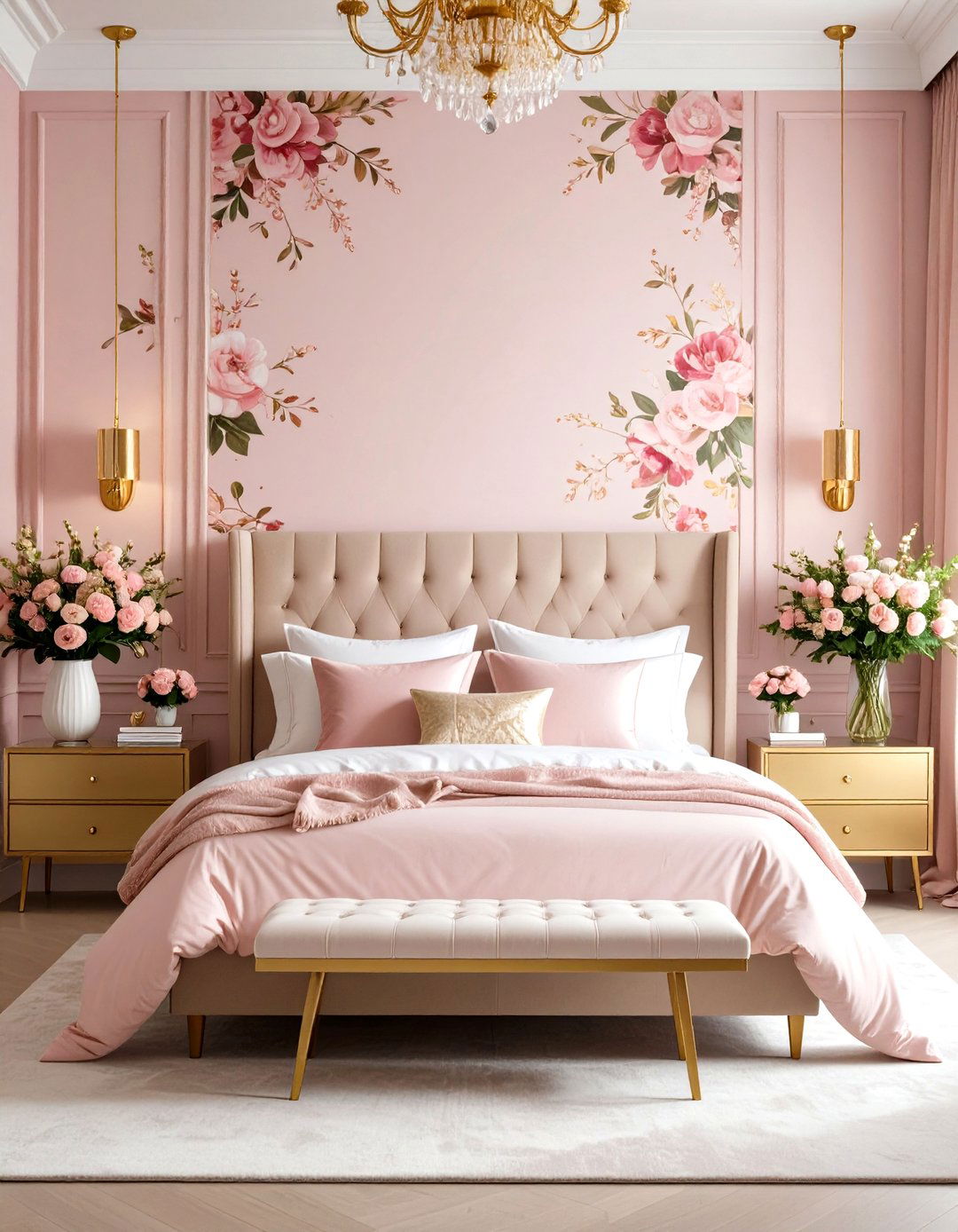 Pink Floral Wallpaper with Gold Accents - 24 Pink and Gold Bedroom Ideas