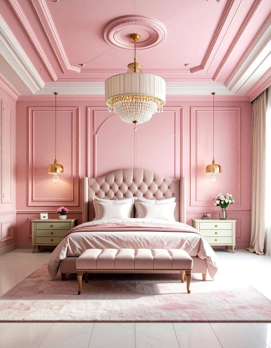 Pink Geometric Ceiling with Green Wainscoting