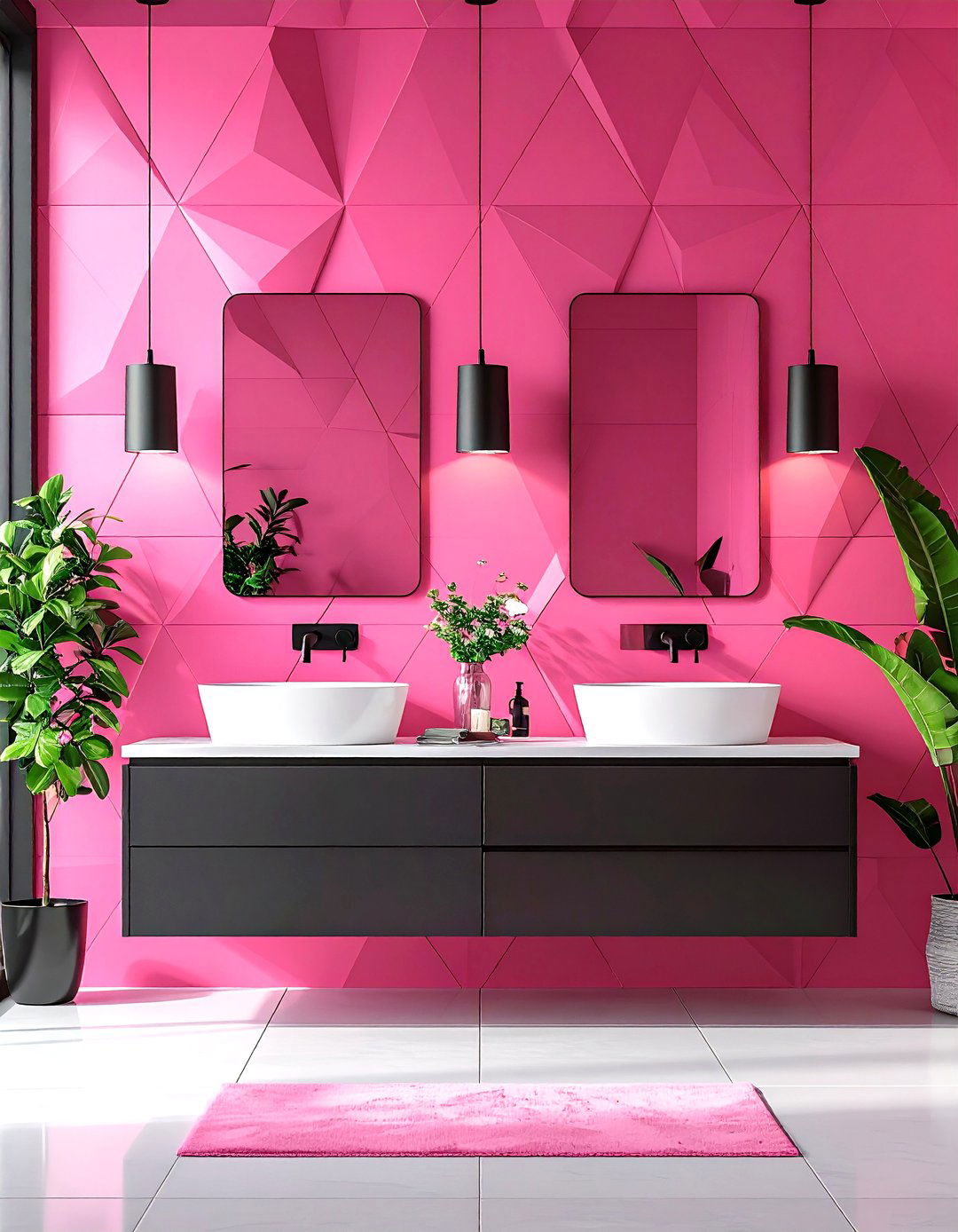 Pink Geometric Wallpaper with Black Hardware - 24 Pink and Black Bathroom Ideas