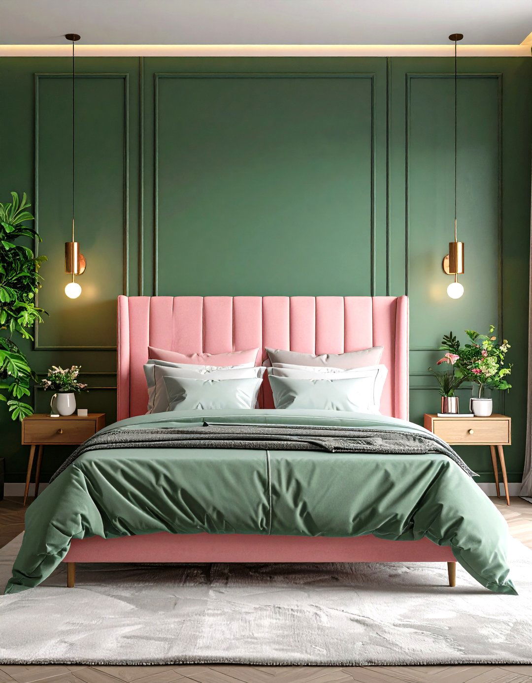Pink Headboard with Green Gallery Wall - 24 Pink and Green Bedroom Ideas