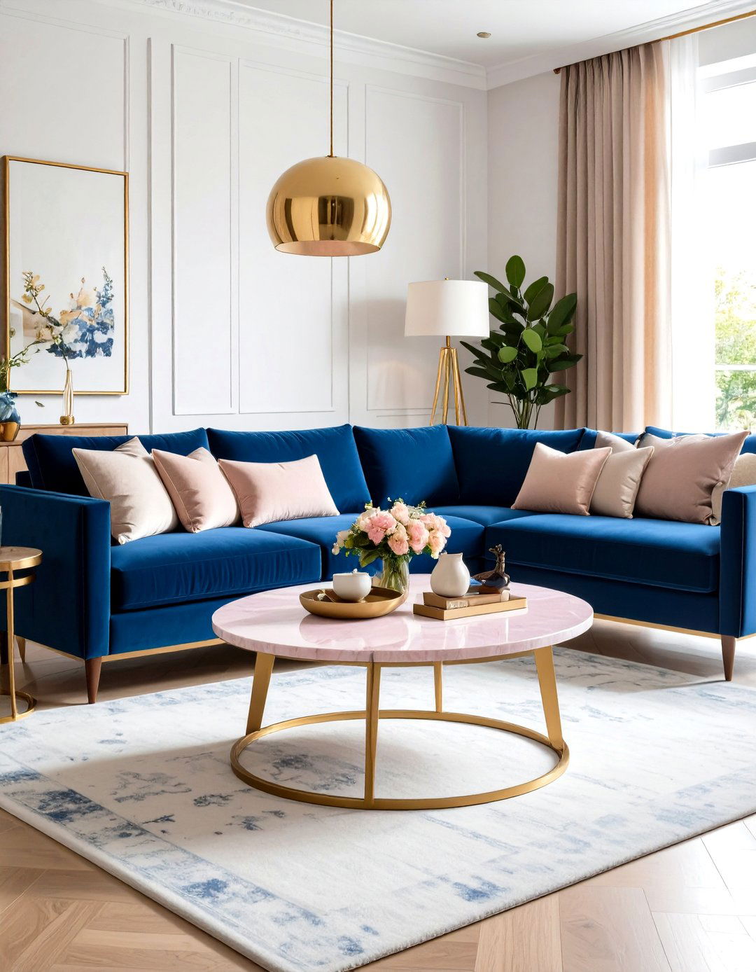Pink Marble Coffee Table with Blue Velvet Sofa Combination - 24 Pink and Blue Living Room Ideas