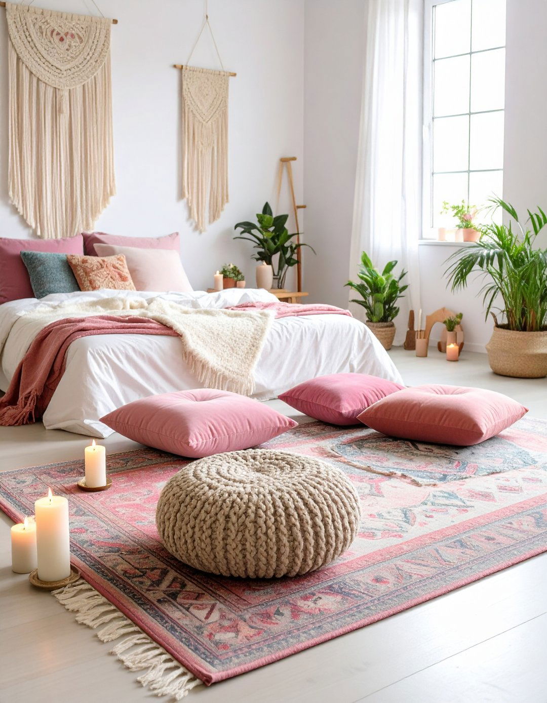 Pink Meditation Corner with Floor Cushions - 24 Pink Boho Bedroom Ideas