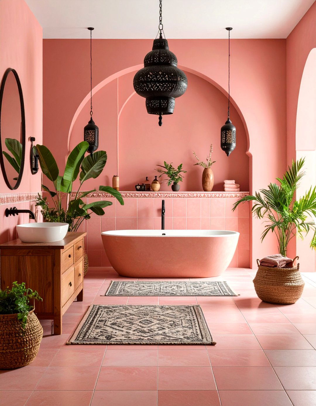Pink Moroccan Tiles with Black Iron Fixtures - 24 Pink and Black Bathroom Ideas