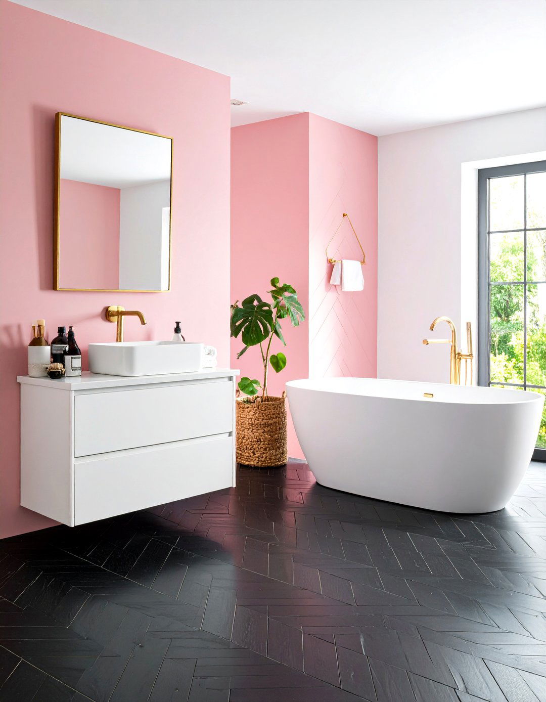 Pink Mosaic Tiles with Black Herringbone Flooring - 24 Pink and Black Bathroom Ideas
