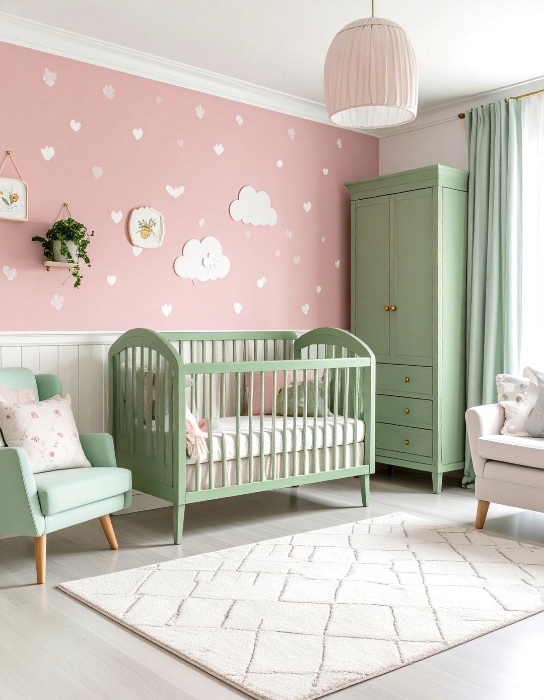 Pink Scalloped Wallpaper with Green Furniture - 24 Pink and Green Nursery Ideas