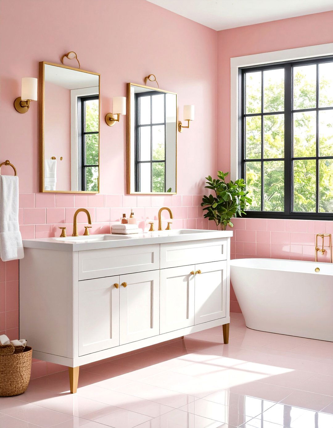 Pink Subway Tiles with Black Window Trim - 24 Pink and Black Bathroom Ideas