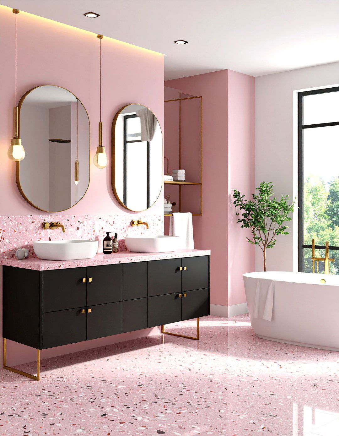Pink Terrazzo Countertops with Black Cabinetry - 24 Pink and Black Bathroom Ideas
