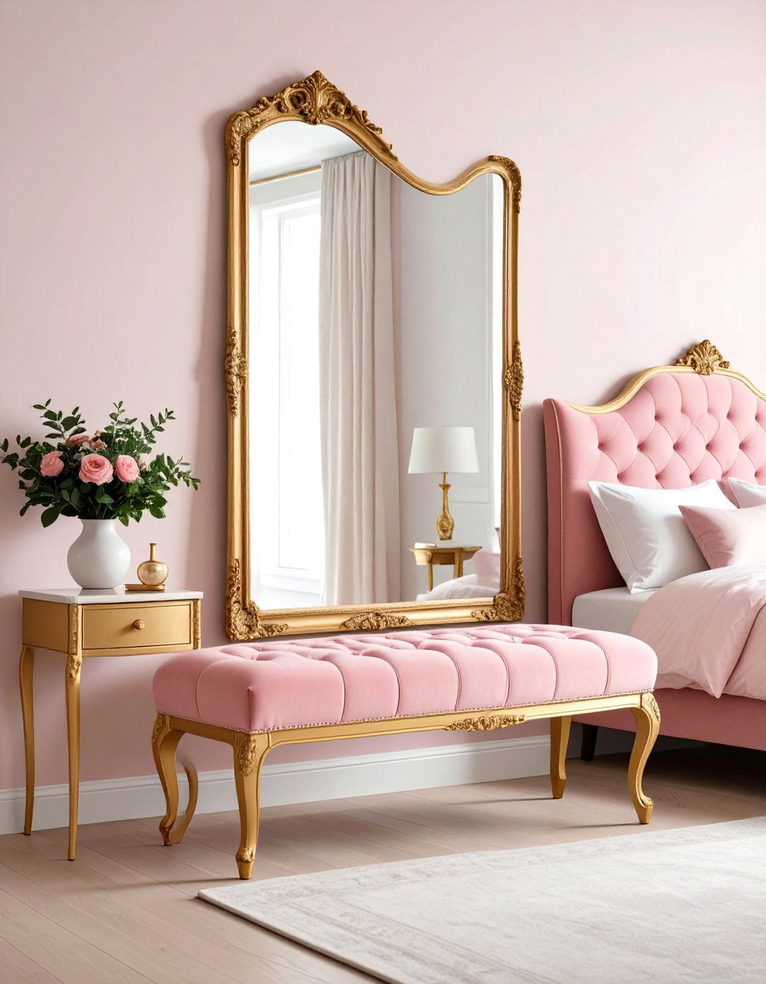 Pink Tufted Bench and Gold Mirror Combination - 24 Pink and Gold Bedroom Ideas