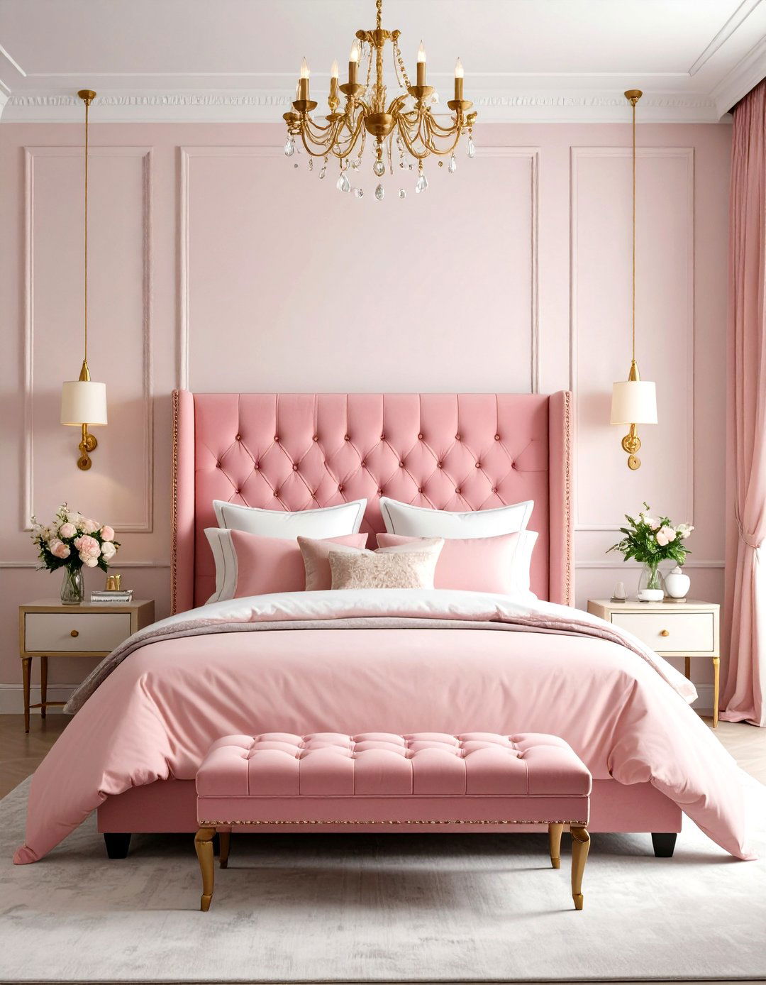 Pink Upholstered Headboard with Nailhead Trim - 24 Pink and Gold Bedroom Ideas