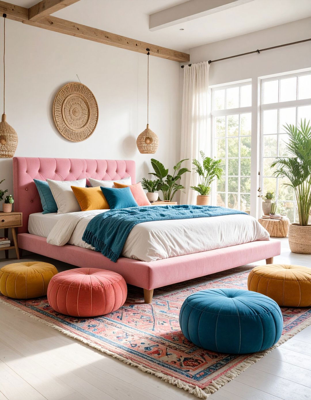 Pink Upholstered Platform Bed with Floor Cushions - 24 Pink Boho Bedroom Ideas