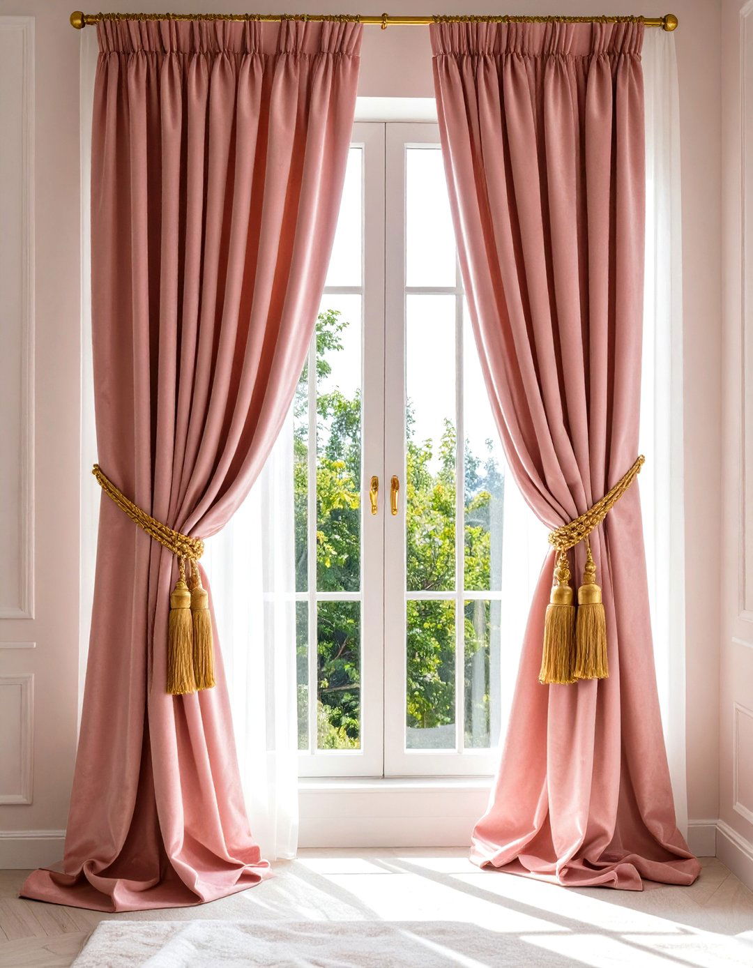 Pink Velvet Curtains with Gold Tiebacks - 24 Pink and Gold Bedroom Ideas