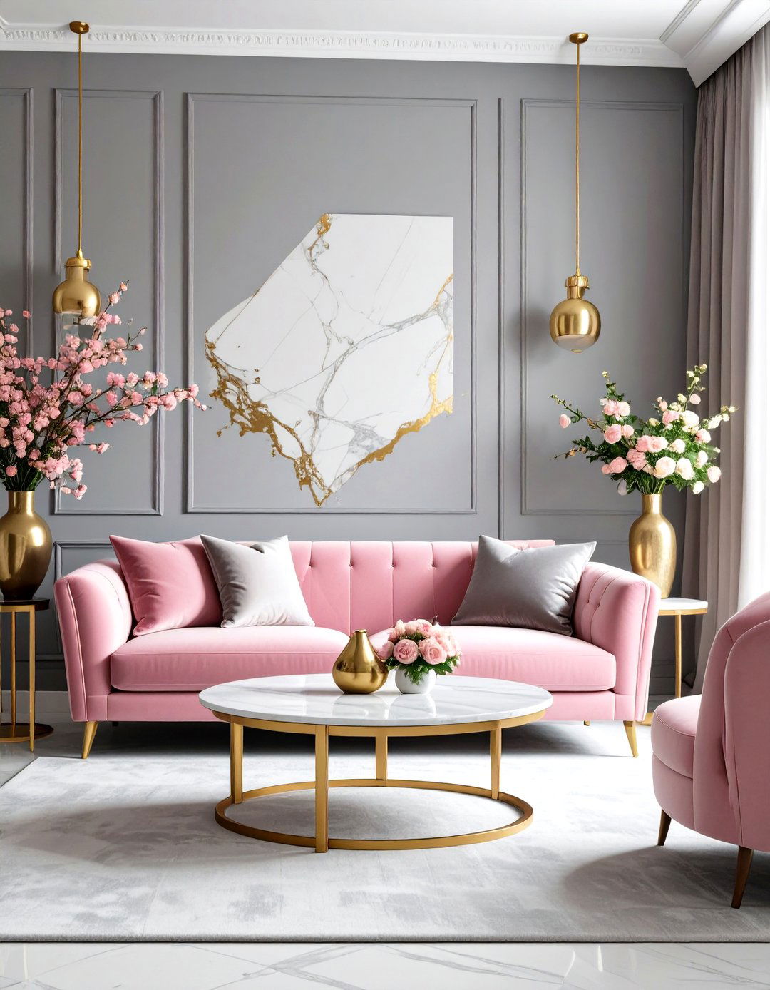 Pink Velvet Furniture in Grey Toned Room - 24 Pink and Grey Living Room Ideas