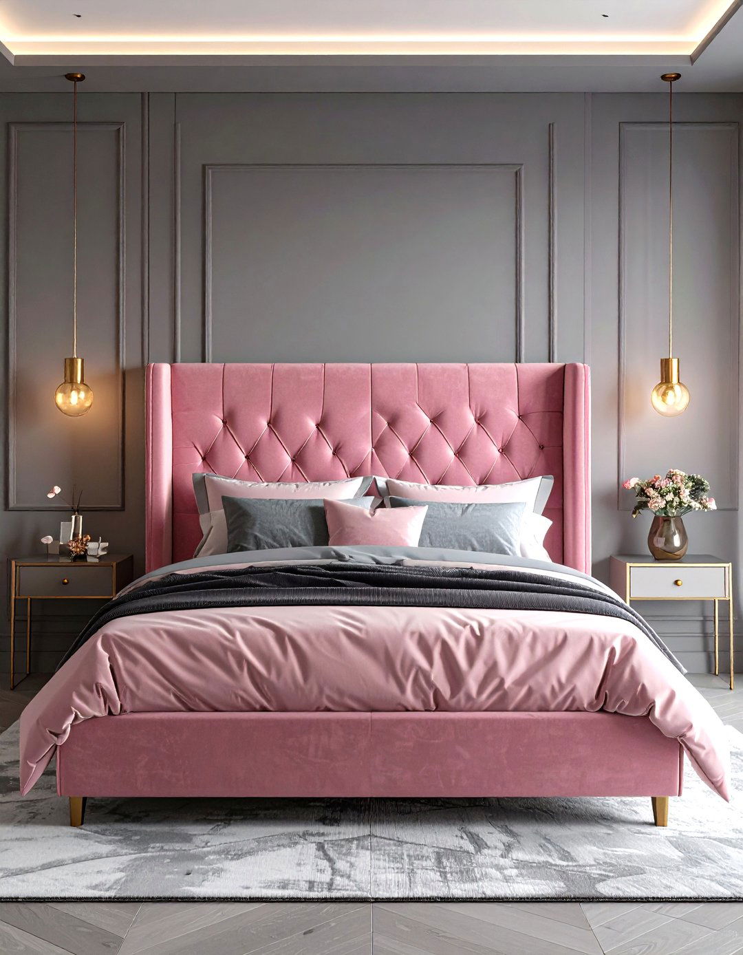 Pink Velvet Headboard with Grey Walls - 24 Pink and Grey Bedroom Ideas