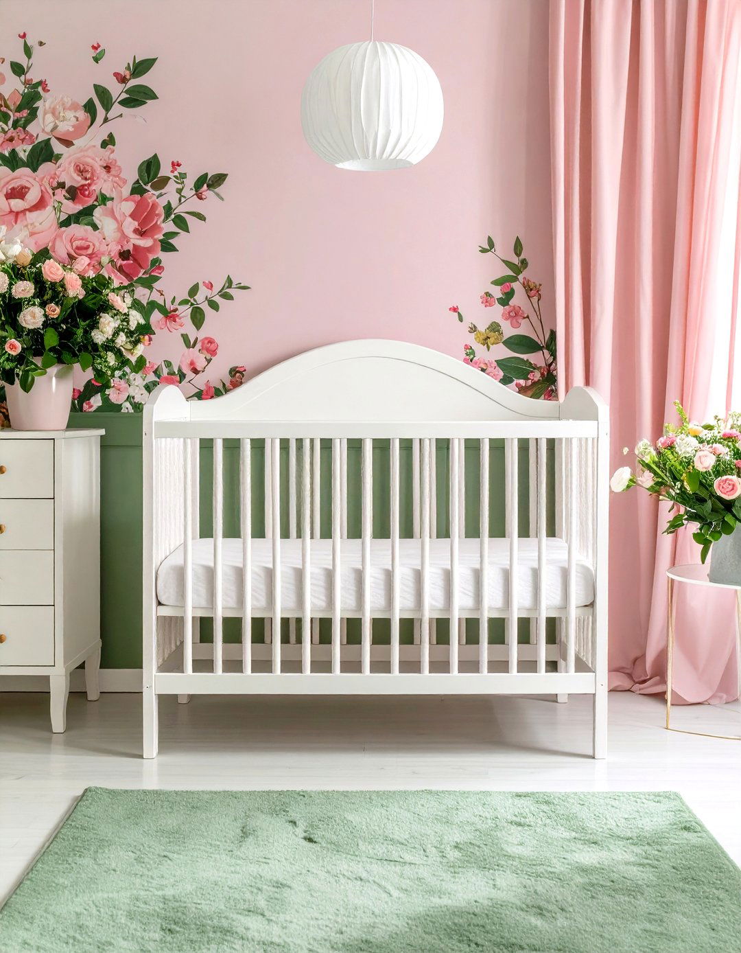 Pink and Green Floral Wallpaper Feature Wall - 24 Pink and Green Nursery Ideas