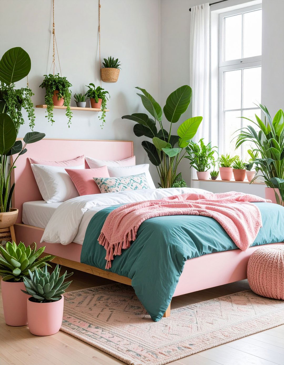 Pink and Green Plant Corner Sanctuary - 24 Pink Boho Bedroom Ideas