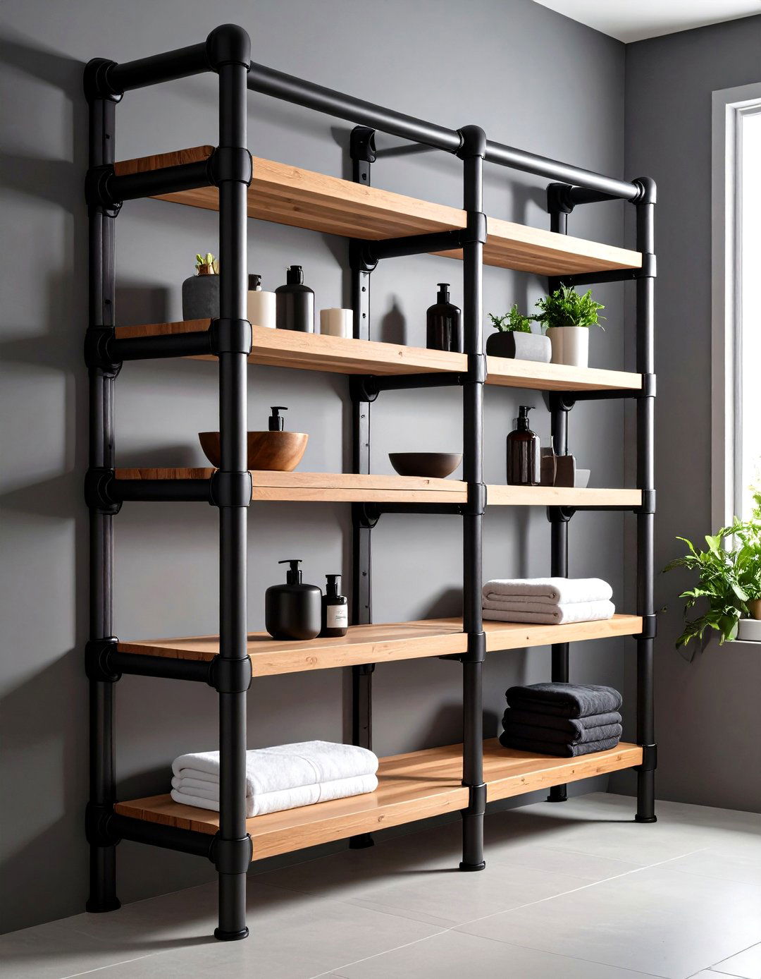 Pipe Shelving Storage - 24 Industrial Bathroom Ideas