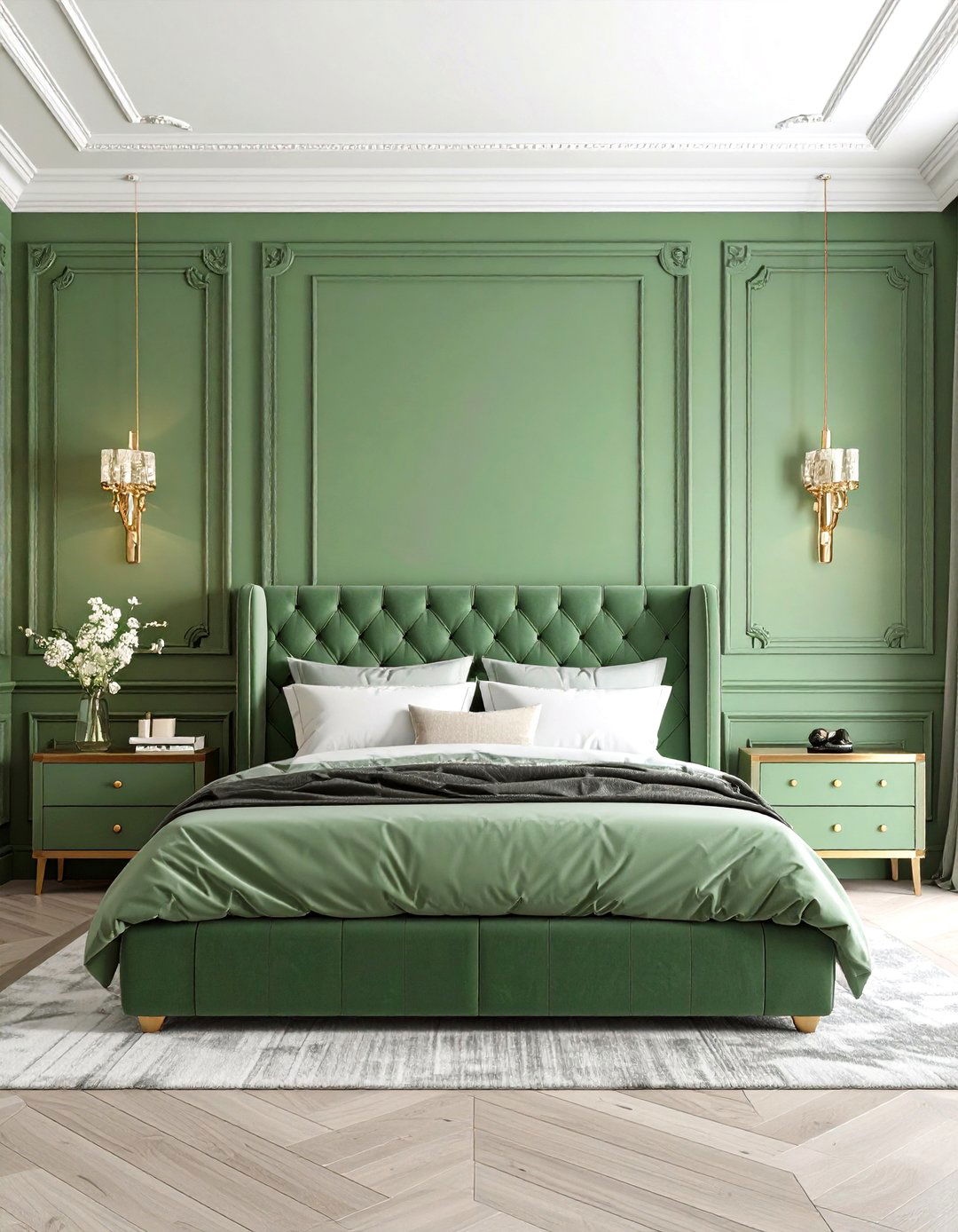 Pistachio Green Maximalist Bedroom Design - 24 Green Panelling Bedroom Ideas