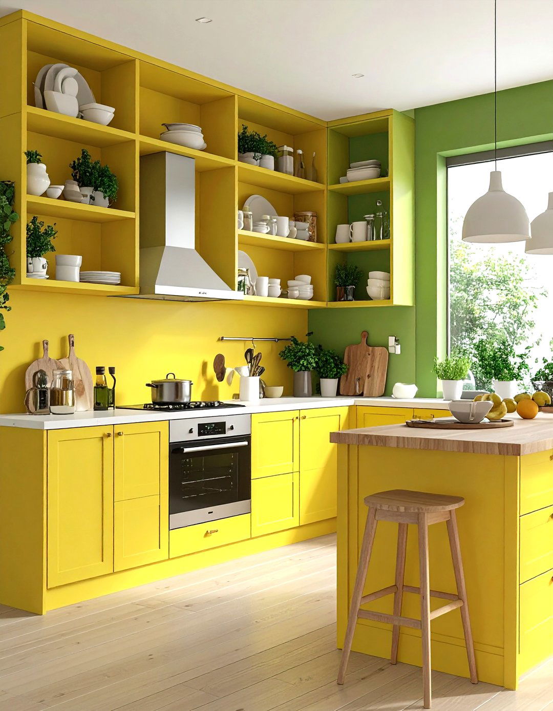 Pistachio Green Open Shelving with Sunny Yellow Dining Nook - 24 Green and Yellow Kitchen Ideas
