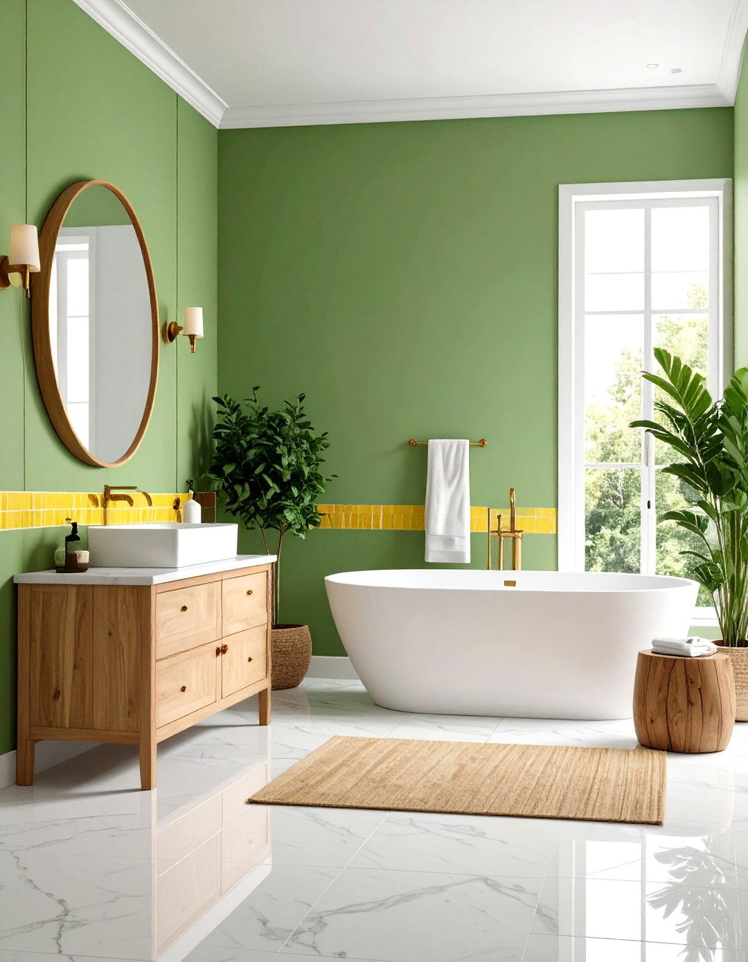 Pistachio Green Walls with Lemon Yellow Tile Border - 24 Yellow and Green Bathroom Ideas