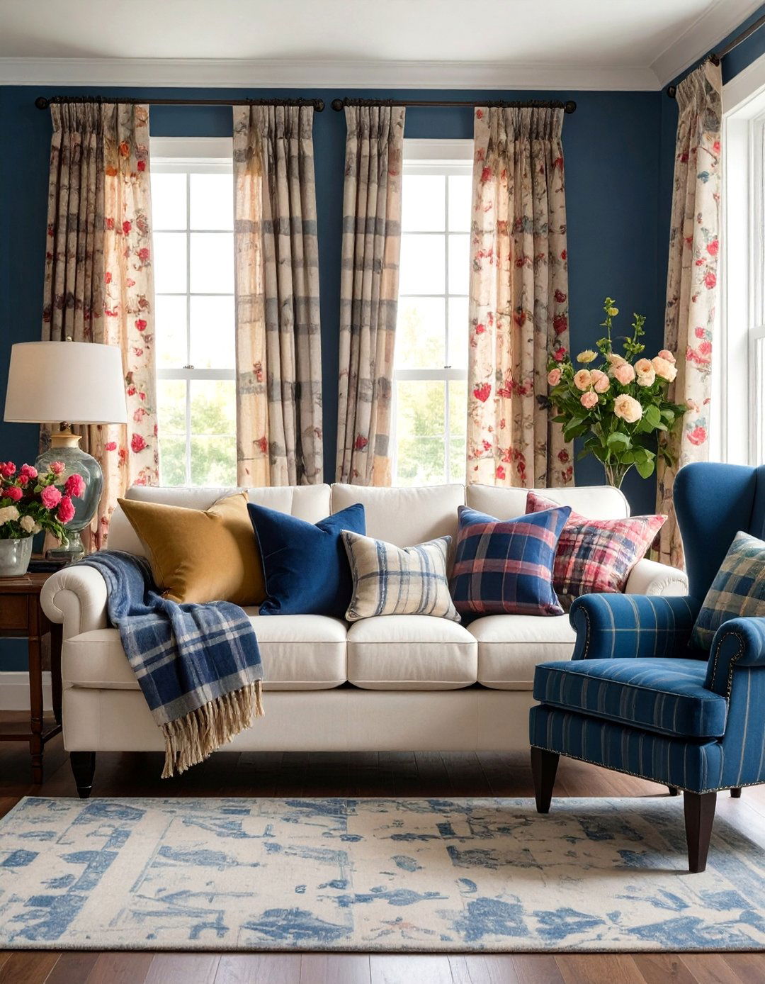 Plaid Pattern Mix Living Room - 24 Preppy Living Room Ideas