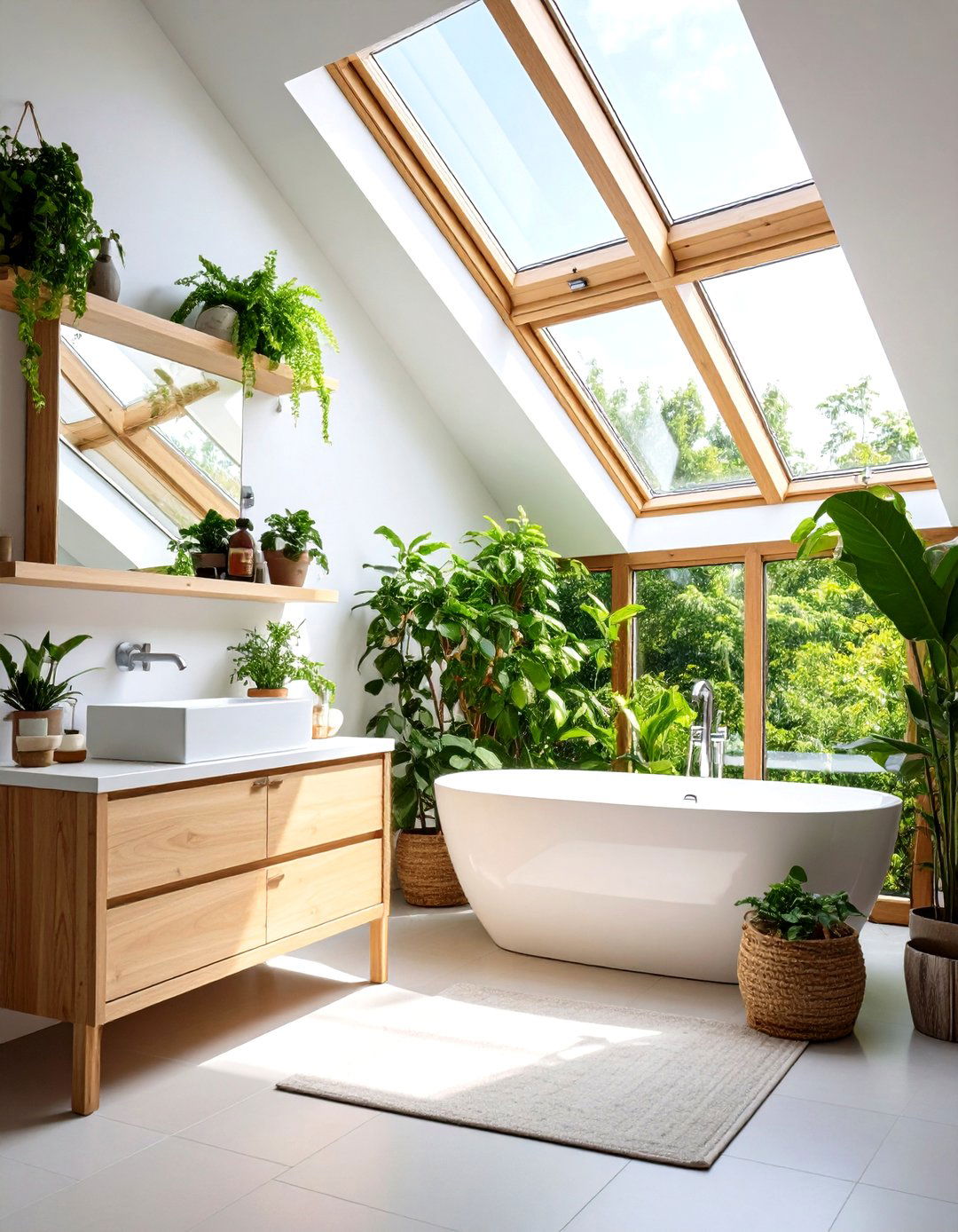 Plant Filled Bathroom with Natural Light Features - 24 Japandi Bathroom Ideas