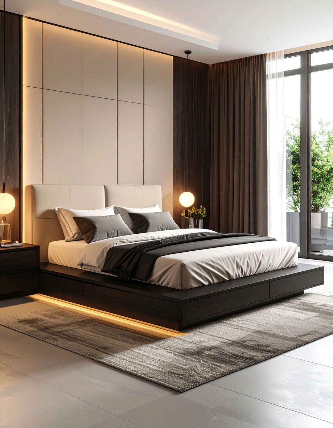 Platform Bed Focus Black and Beige Modern Suite - 24 Black and Beige Bedroom Design Ideas