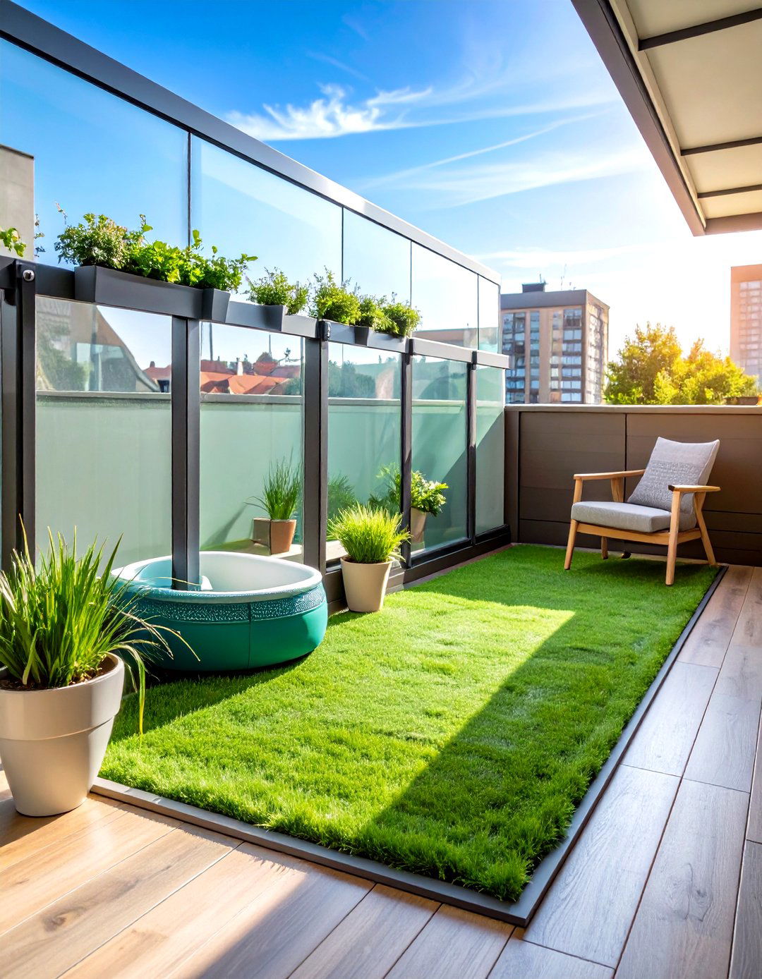 Plexiglass Safety Barrier with Artificial Grass Potty Zone - 24 Dog Balcony Ideas