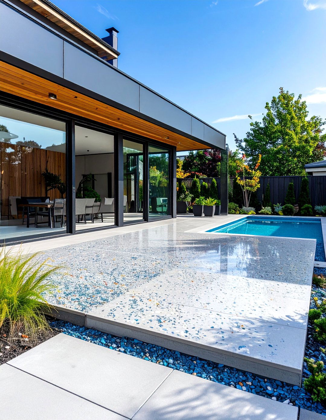 Polished Concrete Deck with Decorative Aggregates - 24 Concrete Deck Ideas