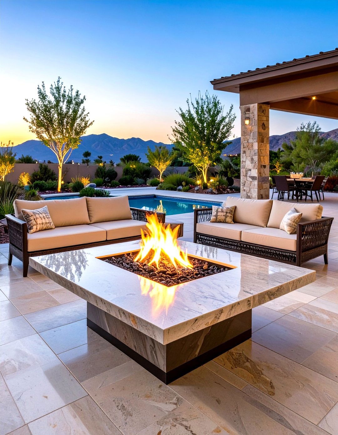 Polished Stone with Modern Fire Table - 24 Stone Patio With a Fire Pit Ideas