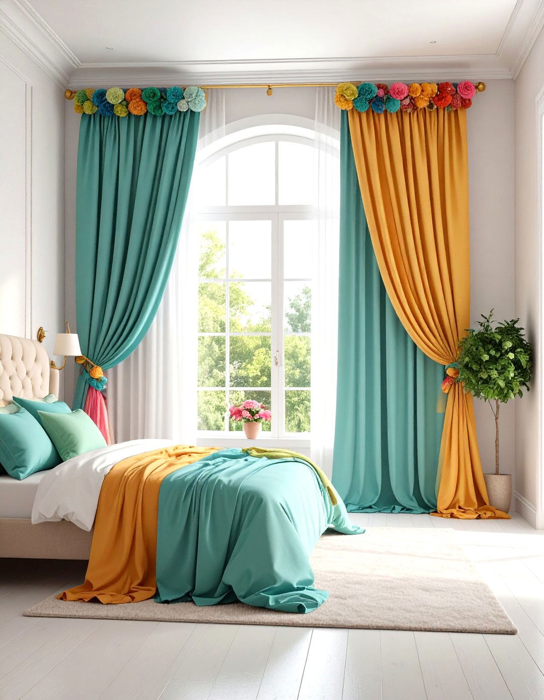 Pompom Trimmed Curtains in Cheerful Colors - 24 Boho Curtain Ideas