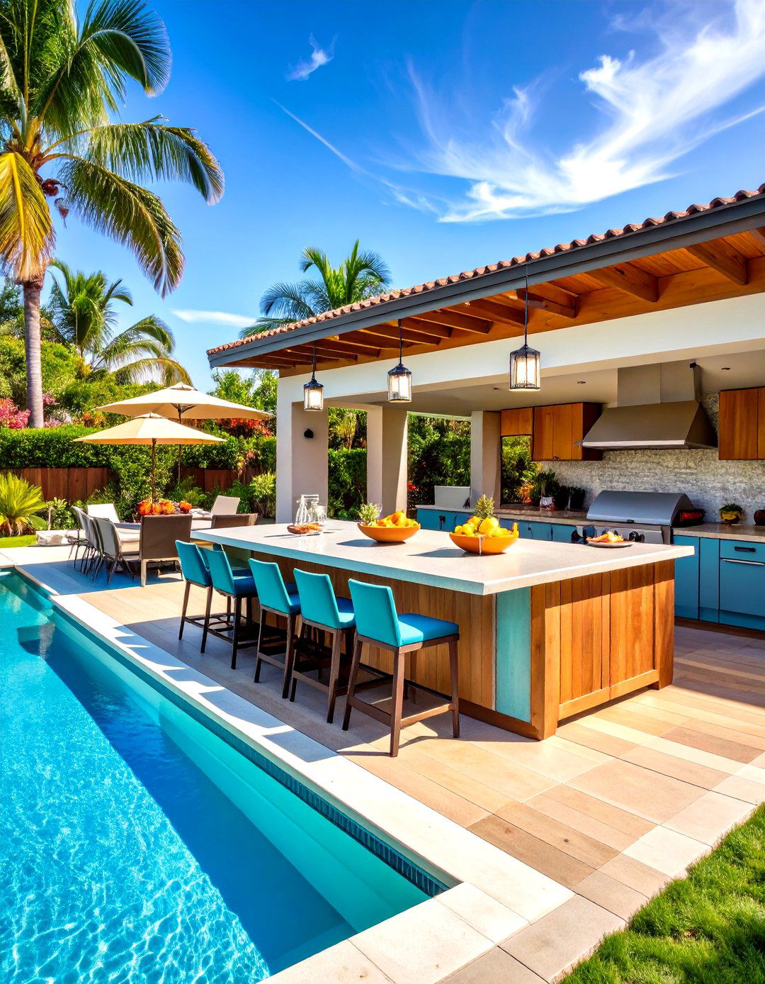 Poolside L Shaped Kitchen Island Design - 24 Summer Kitchen Ideas