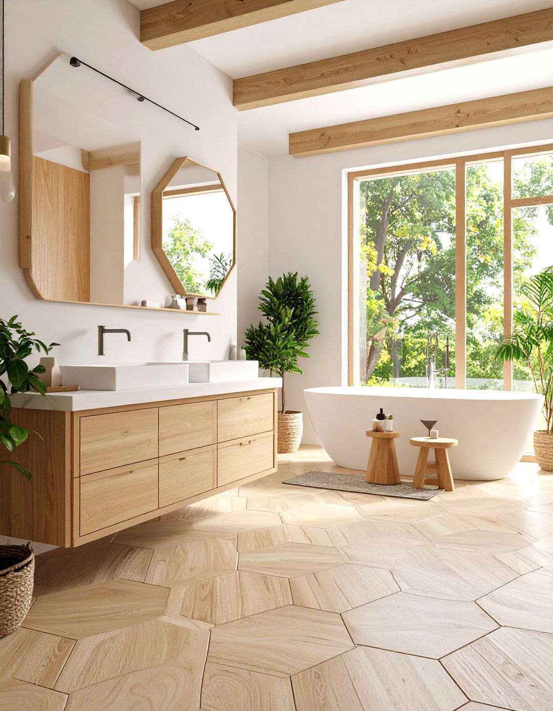 Porcelain Wood Look Hexagon Floor Tiles - 24 Bathrooms With Hexagon Tile Floors