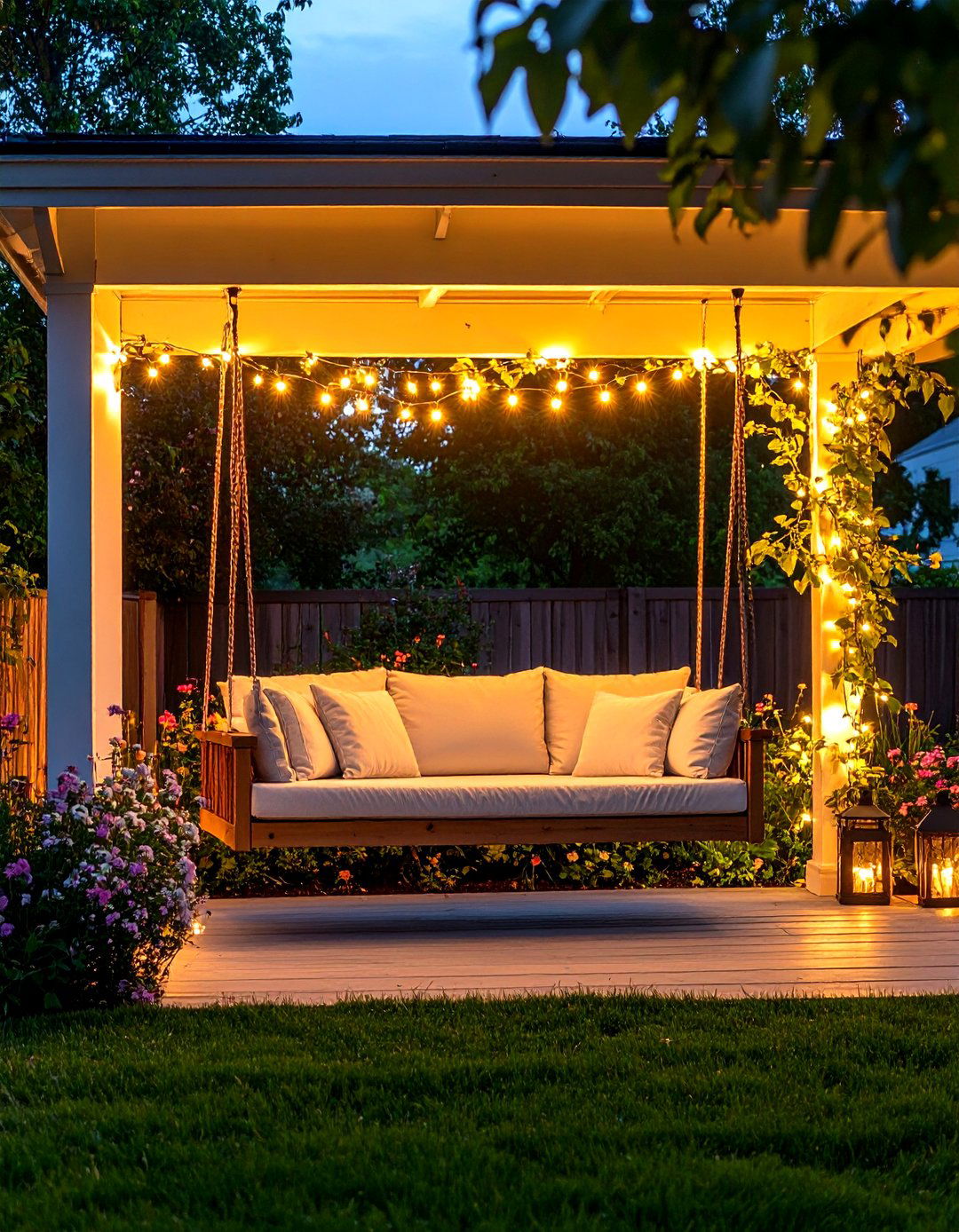 Porch Swing with Integrated Lighting and Evening Ambiance - 24 Front Porch Swing Ideas