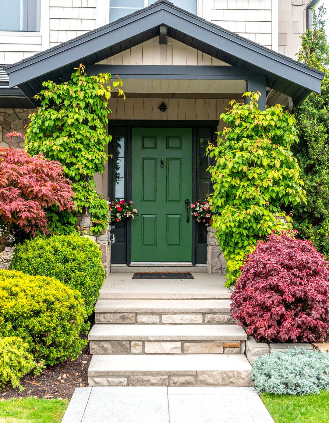 Postmodern Olive Green with Mixed Material Accents - 24 Dark Green Front Door Ideas