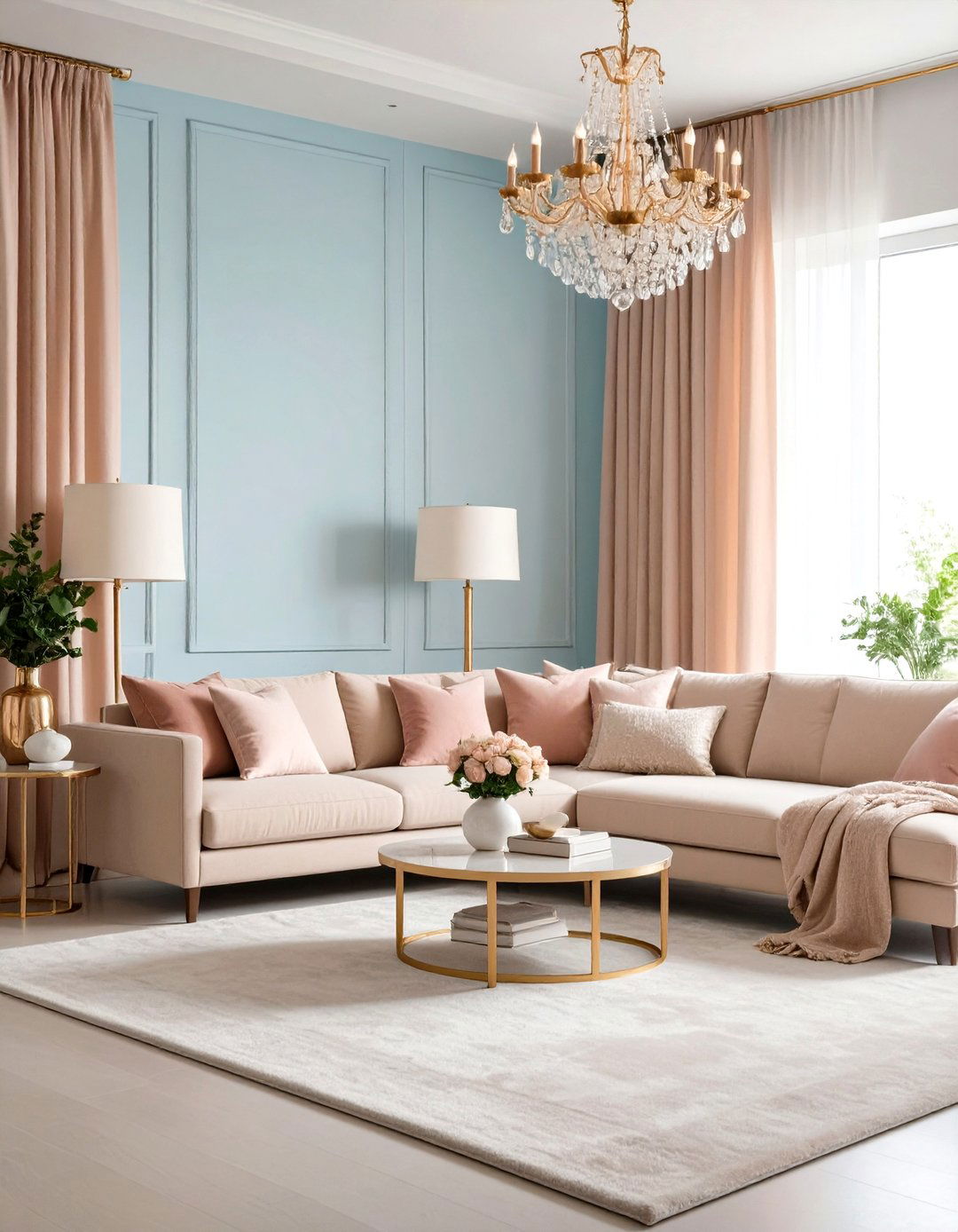 Powder Blue Accent Wall with Rose Gold and Pink Accessories - 24 Pink and Blue Living Room Ideas