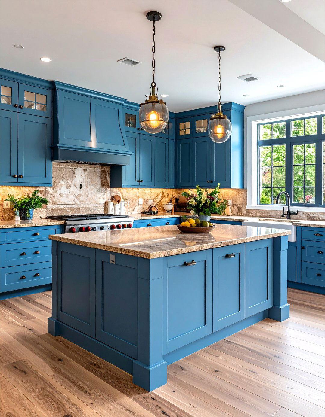Powder Blue Beadboard Cabinets with Coffee Brown Granite Backsplashes - 24 blue kitchen cabinets with brown granite countertops