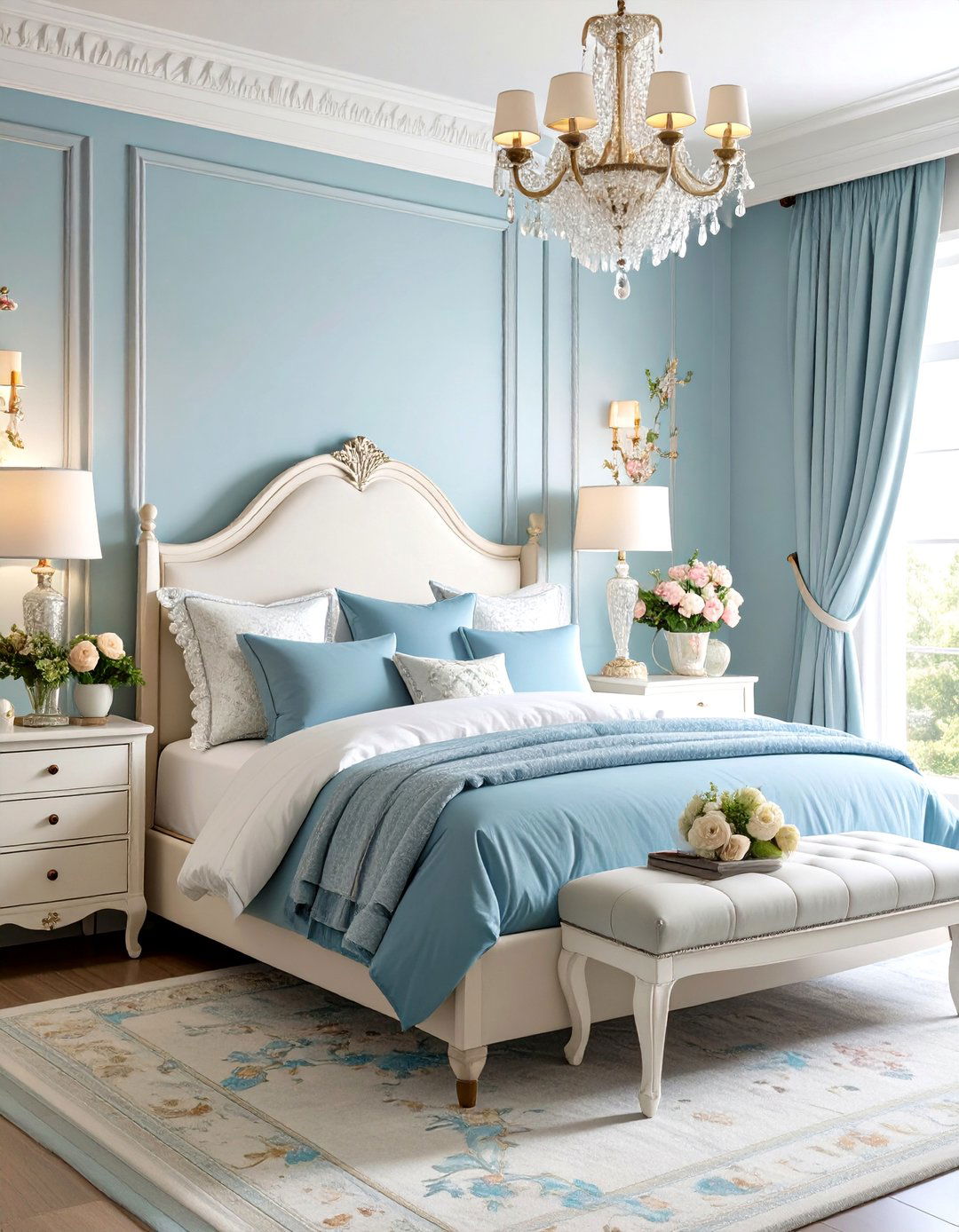 Powder Blue Bedroom with Romantic Florals - 24 Blue Bedroom Ideas