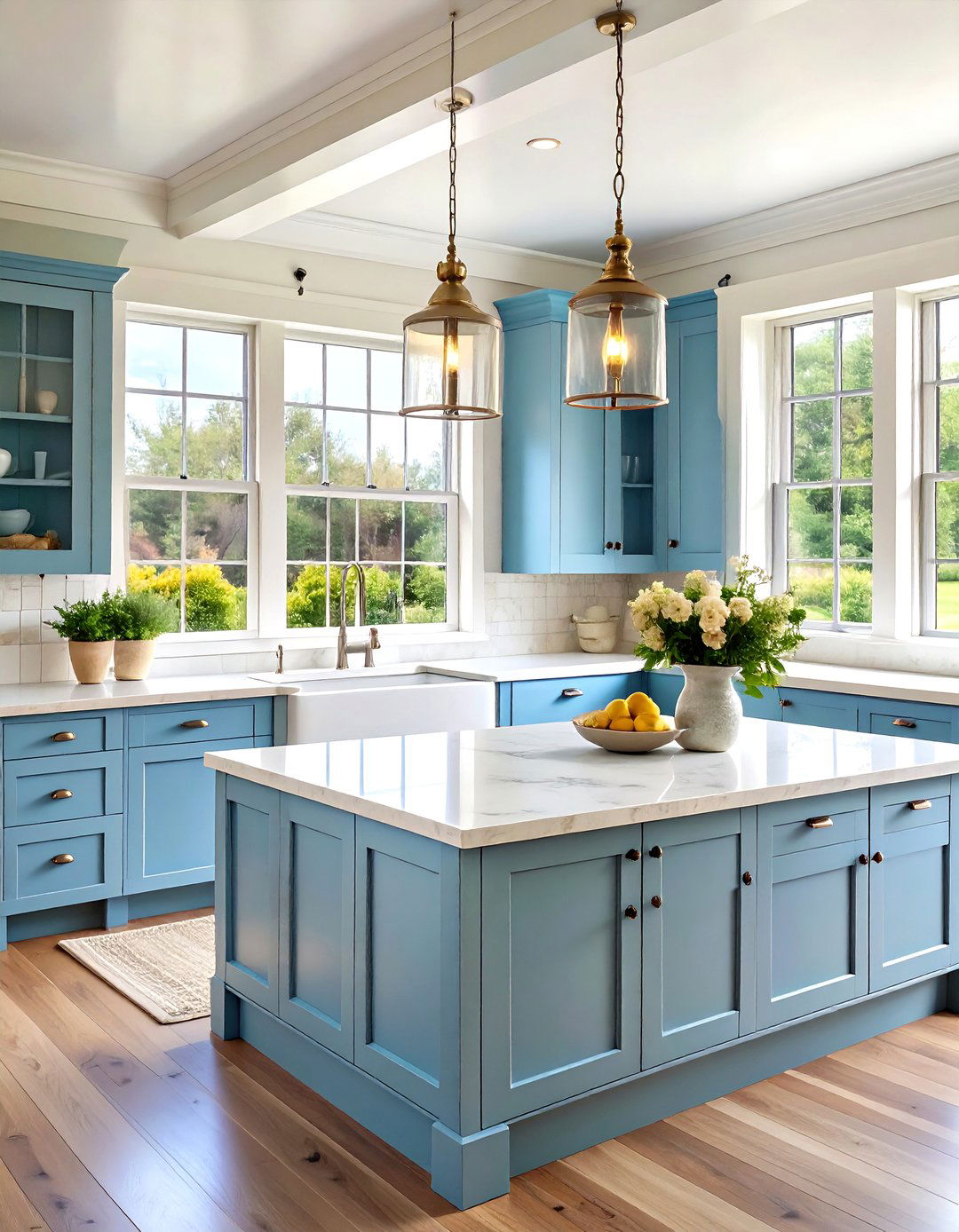 Powder Blue Farmhouse Kitchen with White Marble Accents - 24 blue farmhouse kitchen cabinets