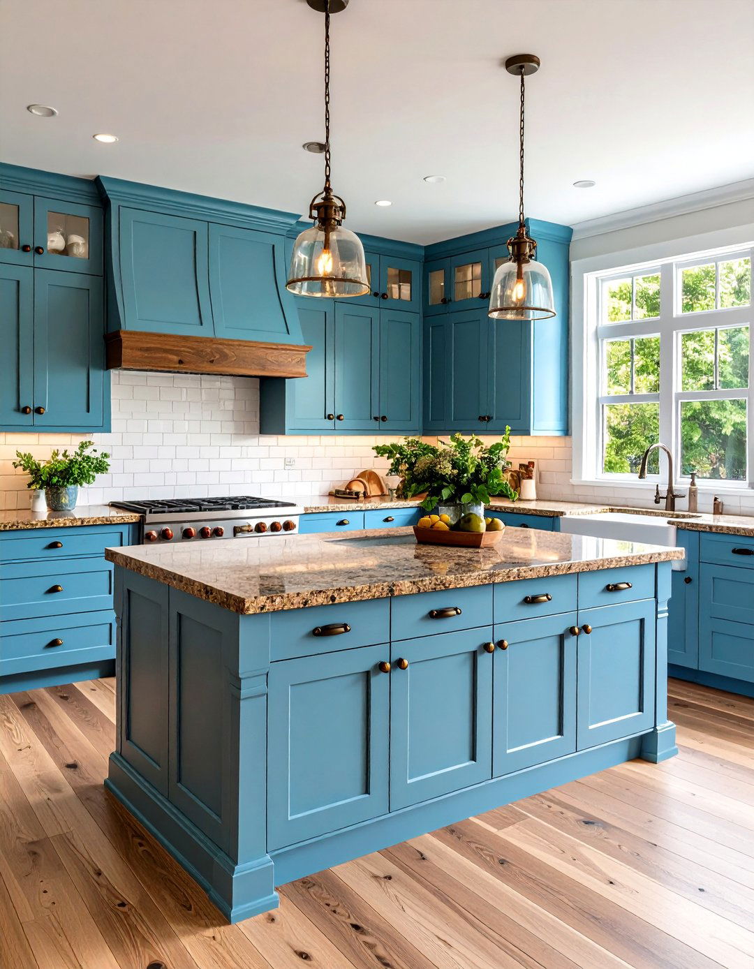 Powder Blue Kitchen Cabinets with Baltic Brown Granite Countertops - 24 blue kitchen cabinets with brown granite countertops