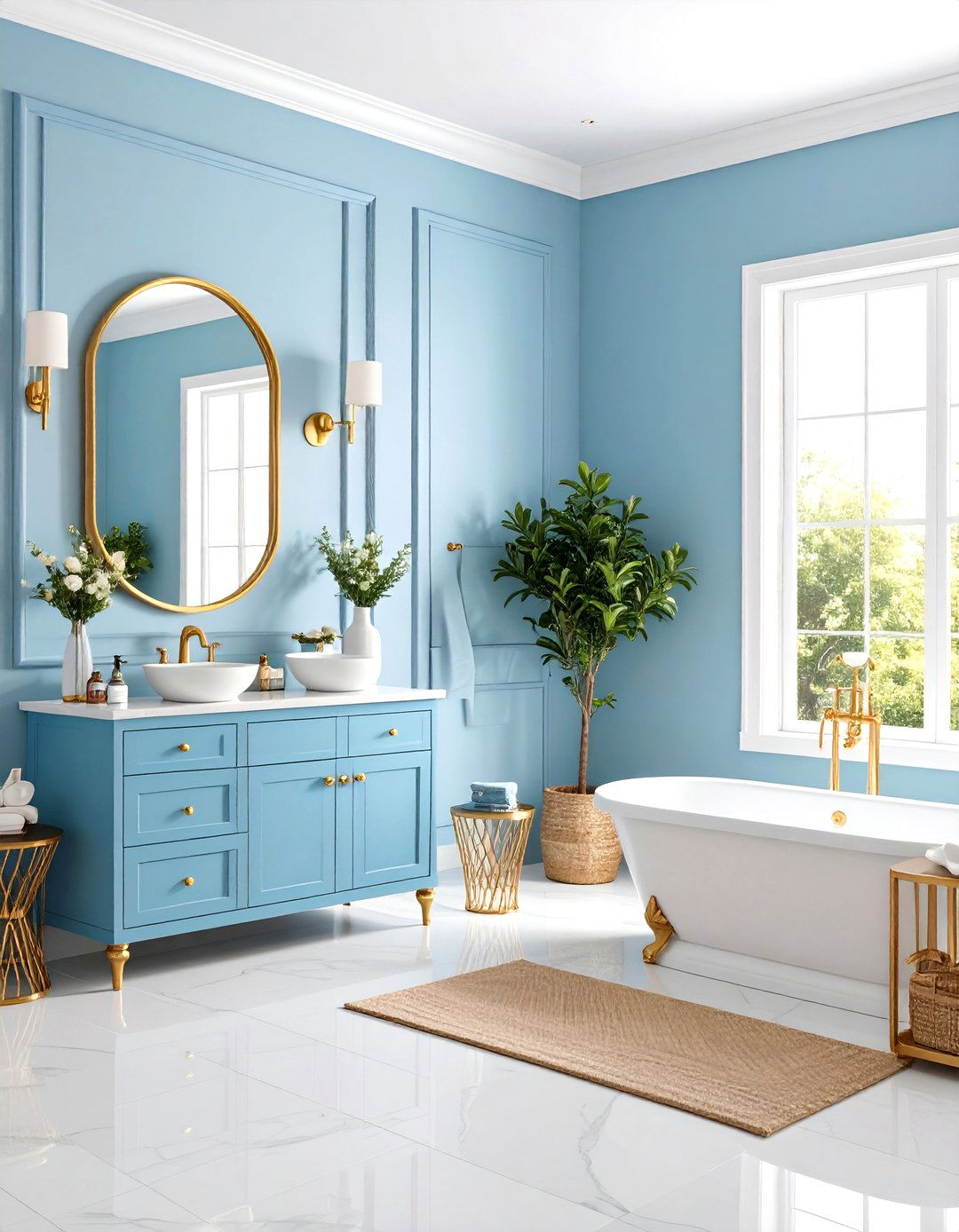 Powder Blue Painted Walls with Gold Accents - 24 blue powder room ideas