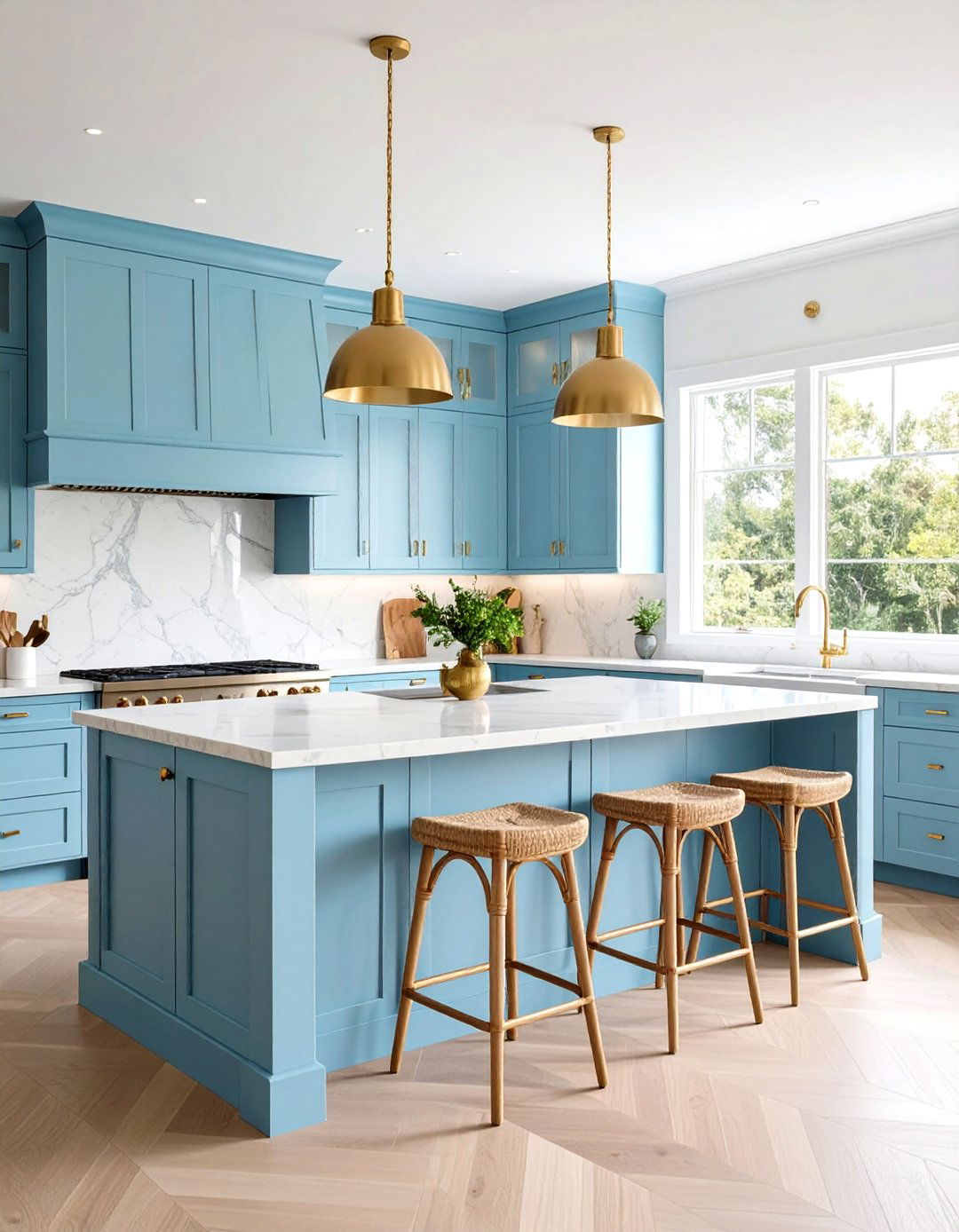 Powder Blue Peninsula with Gold Bar Pulls - 24 blue kitchen cabinets with gold hardware