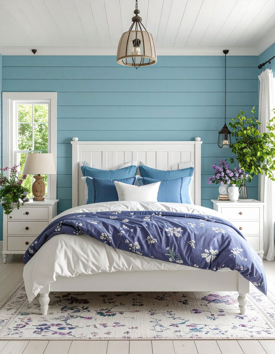 Powder Blue Shiplap with Purple Floral Accents - 24 Blue and Purple Bedroom Ideas