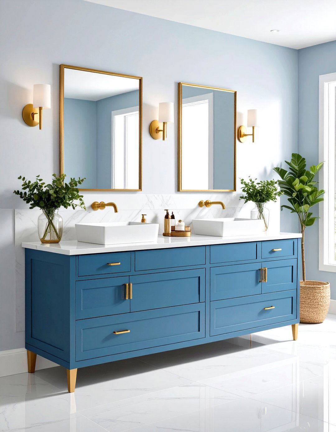 Powder Blue Vanity with Gold Hardware - 24 Blue and Gold Bathroom Ideas