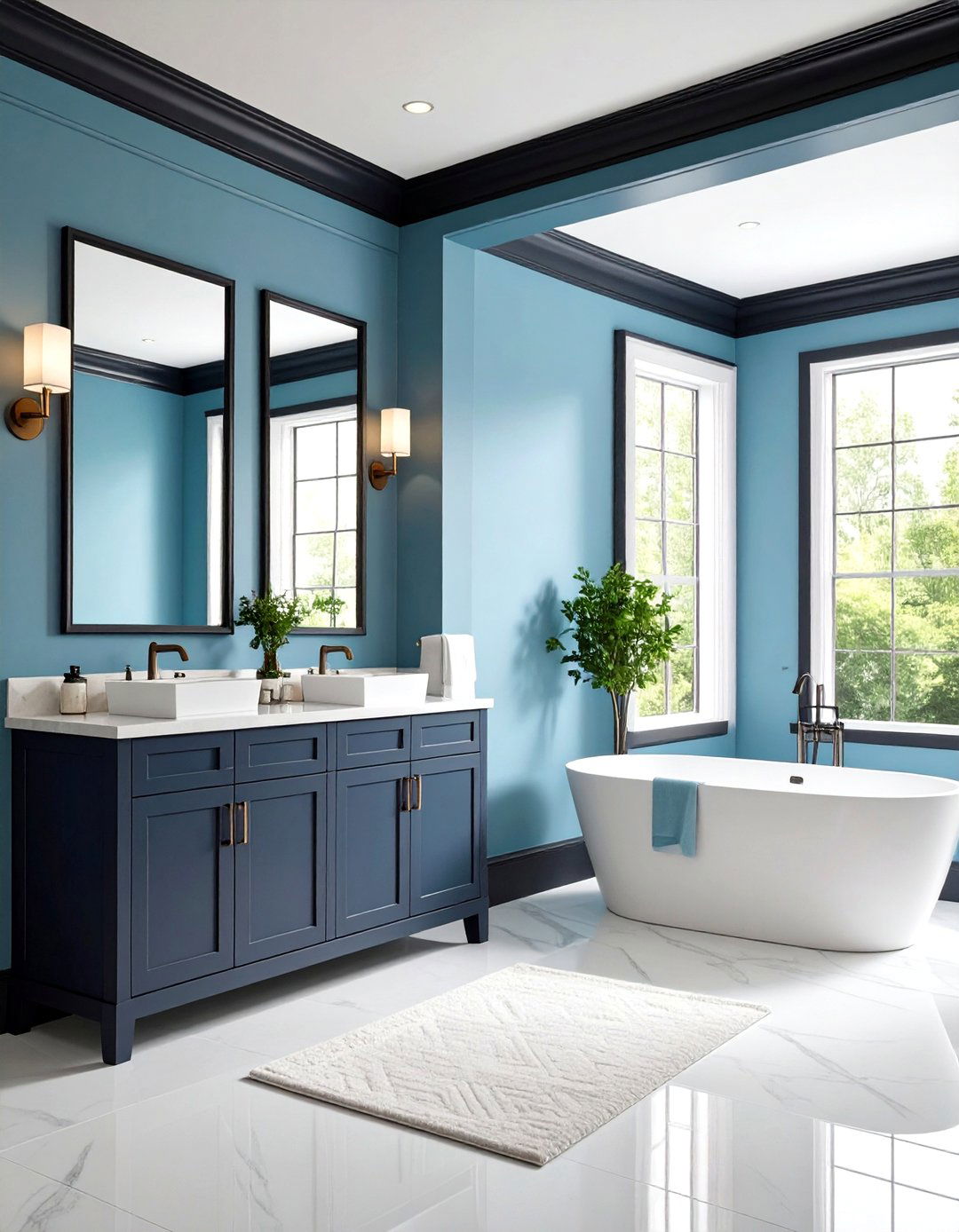 Powder Blue Walls with Black Trim - 24 black and blue bathroom ideas