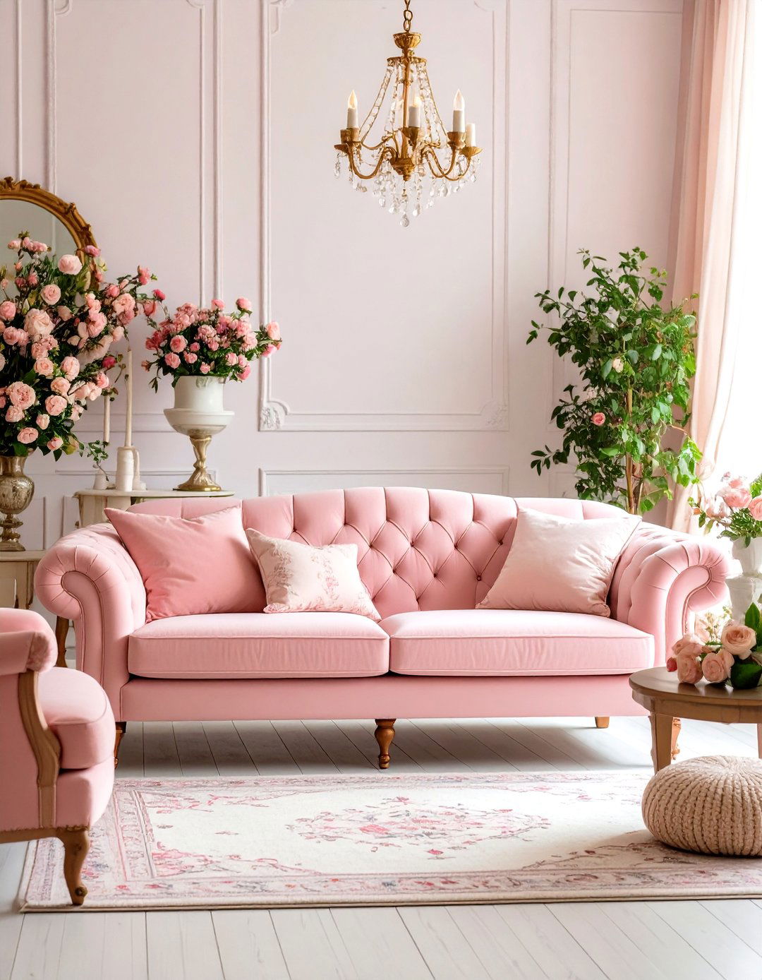 Powder Pink Sofa in French Country Charm - 24 Pink Couch Living Room Ideas