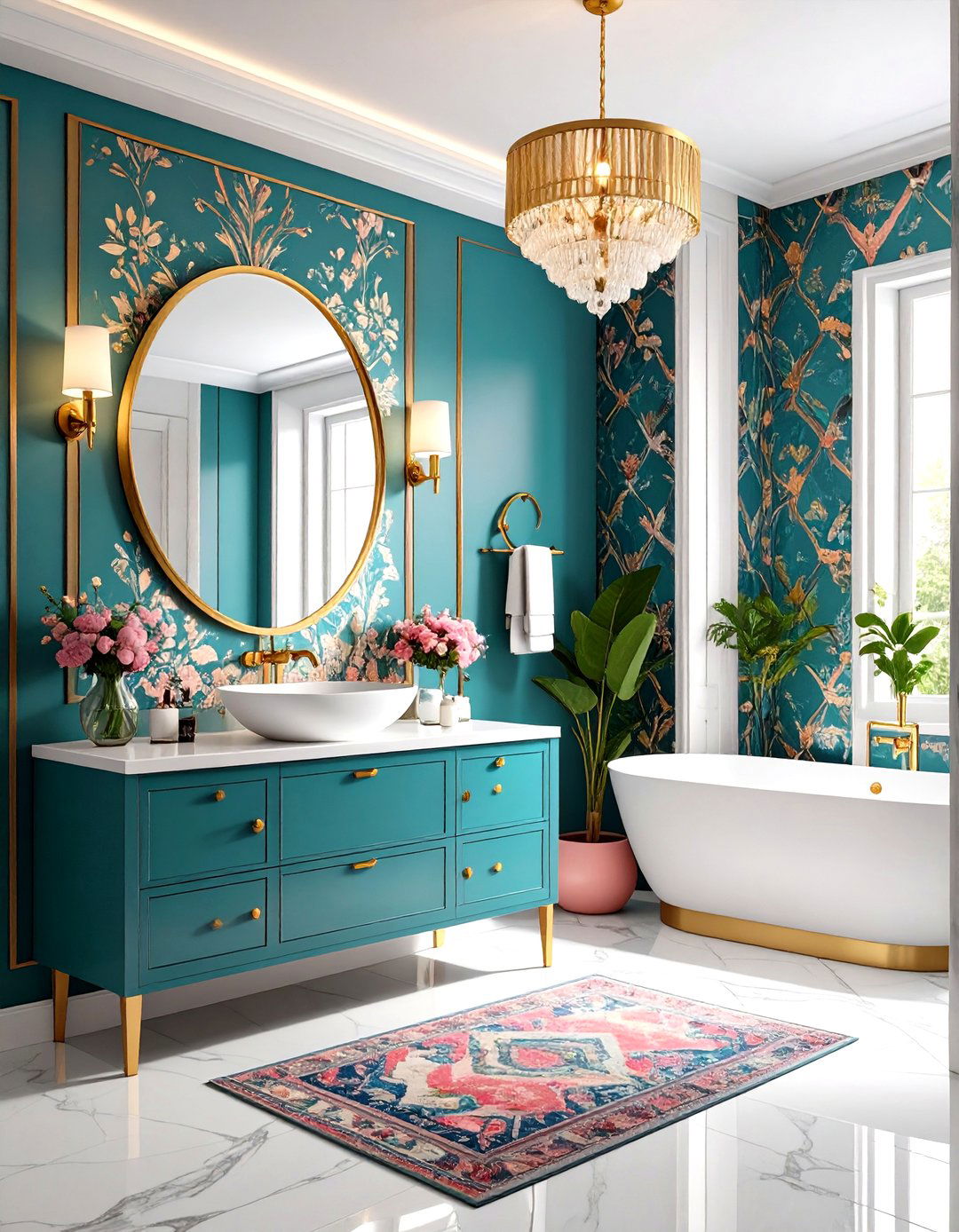 Powder Room with Bold Wallpaper and Brass Fixtures - 24 Modern Bathroom Ideas